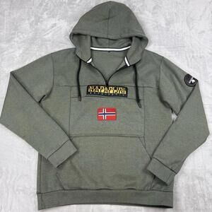 Napapijri Geographic Hoodie Quarter Zip Big Pocket Olive Green Norway Flag Sz M